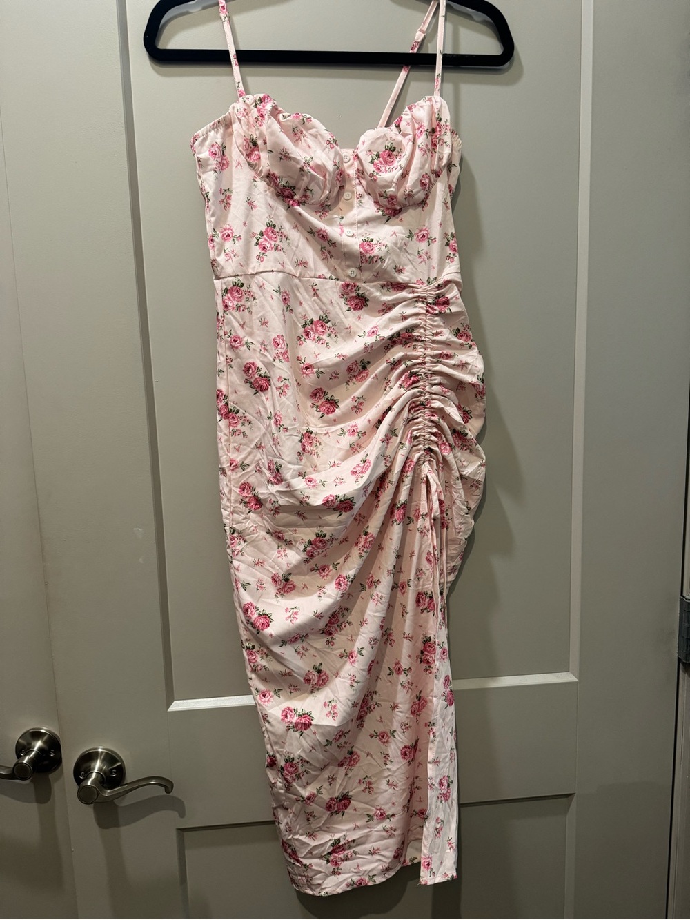 Pink Small Floral Ruched Midi Dress in Pink